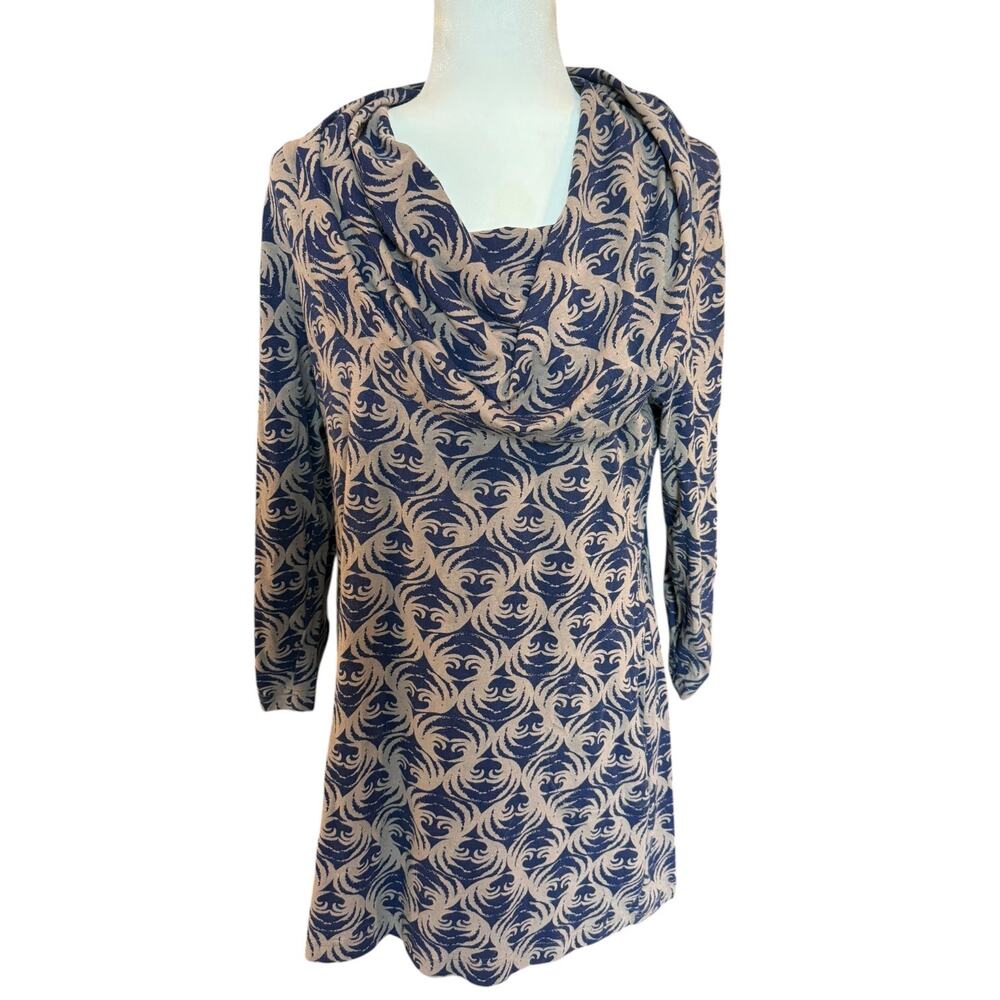 Effie’s Heart Juilliard Pullover Tunic Dress XL Blue Taupe Cowl Neck Pockets